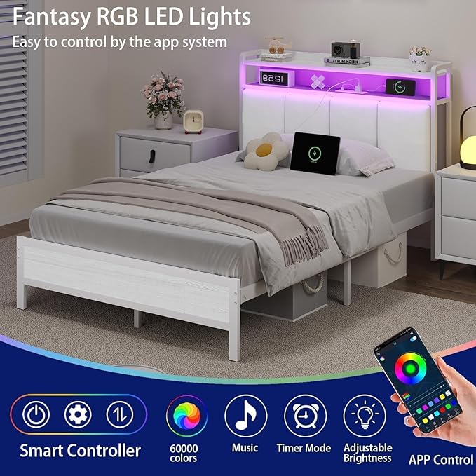 Twin Bed Frames with Charging Station and LED Lights, Metal Platform Bed Frame Twin with Upholstered Storage Headboard, Heavy Duty Metal Slats Support, No Box Spring Needed, Easy Assembly, White