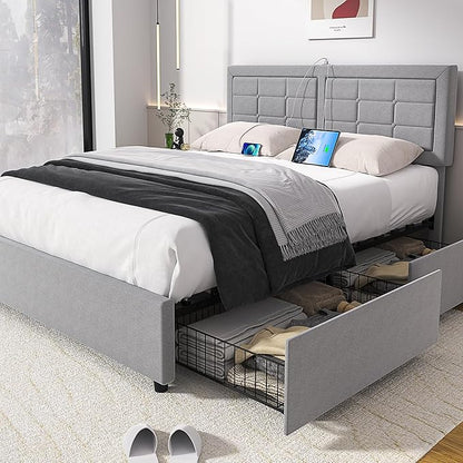 VECELO Queen Size Bed Frame with 4 Storage Drawers & Adjustable Headboard, Built-in Charging Station, Upholstered Bedframe with Wood Slats Support, Light Grey