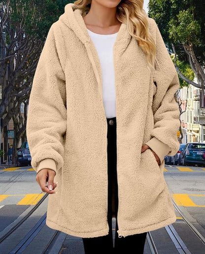 LIZALIG Women's Oversized Fleece Jacket Hooded Zip-Up Cardigan Coat with Pockets Warm Winter Casual Wear for Vacation