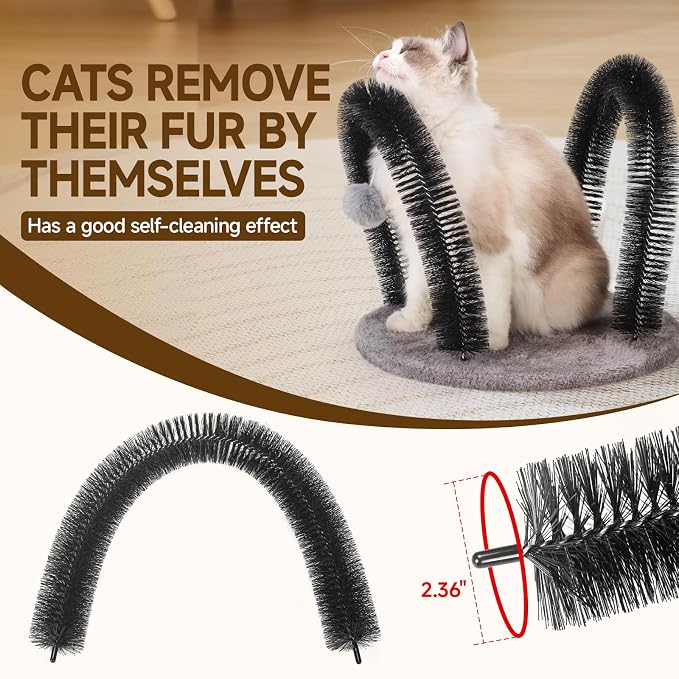 Cat Arch Self Groomer Massager, Kitty Grooming Brush with 2 Brushes and Heavy Plush Base, Cat Face and Back Scratchers, Rubbing Post for Indoor and Outdoor Cats with 2 Plush Balls