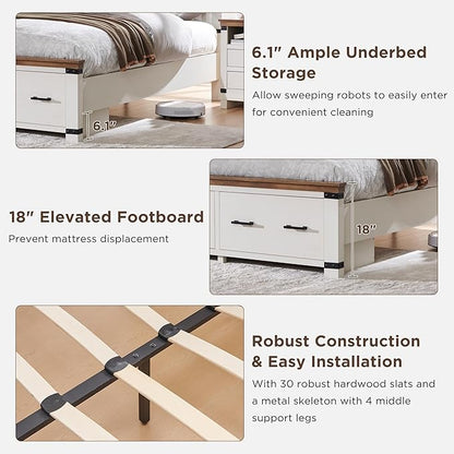 RedLemon Farmhouse King Size Bed Frame w/ 54" Tall Geometric Headboard, Rustic Wood Platform Bed w/ 2 Large Storage Drawers, Wood Slats Support, Noise Free, No Box Spring Needed, Antique White