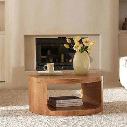 Round Coffee Table with Storage, 31.5" Modern Living Room Table, 2 Tier Circle Wood Center Tables for Apartment, Living Room, Open-Style Storage Cocktail Tables, 31.5"*15.7" (Nature Wood)