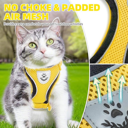 PUPTECK Cat Harness and Leash Set Escape Proof Reflective Cat Walking Harness Adjustable Soft Breathable Mesh Vest for Small Pets, Yellow, M