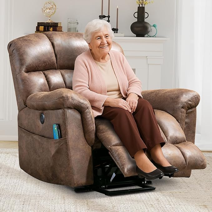 Large Power Lift Recliner Set of 2 with Massage and Heat for Elderly, Faux Leather Electric Lifting Recliners with USB Port, Oversized Reclining Sofa Chair for Living Room, Brown