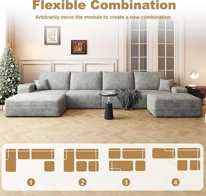 136" Sectional Couches for Living Room Modern Modular Sofa with L-Shape Couchs Upholstered Boneless Couch Deep Seat Sectional Couch with Chaise (Grey, Left Facing Chaise+3Seaters+Ottoman)