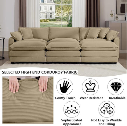 Aoowow Corduroy 3 Seater Sleeper Couch with Ottomans,Large Cloud Couches for Living Room,Tufted Modular Sectional Cloud Sofas Deep Seat,Oversized Chaise Lounge Sofa (Tan, 3 Seater + 3 Ottoman)
