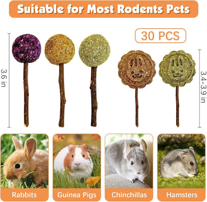 Fhiny Rabbit Chew Toys, 30 PCS Natural Bunny Lollipop Chew Sticks Handmade Guinea Pig Molar Treats for Teeth Small Animals Snacks for Guinea Pig Bunny Chinchilla Hamster Gerbil Teeth Care