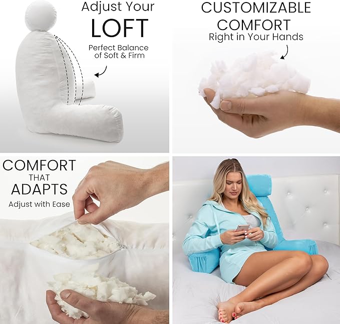Husband Pillow Medium Carolina Blue, Backrest for Kids, Teens, Petite Adults - Reading Pillows with Arms, Adjustable Plush Memory Foam, Bed Rest Chair Sitting Up, Detach Neck Roll, Removable Cover