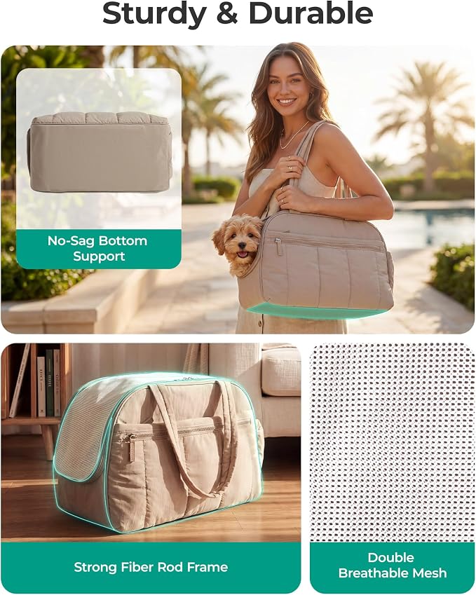BAGSMART Dog Purse Carrier for Small Dogs Up to 13lbs Puppy Travel Tote Bag | Quilted Puffy Soft Sided Pet Handbag with Pockets, Collapsible Lightweight Portable Carrying with Safety Tether & Mat, Green