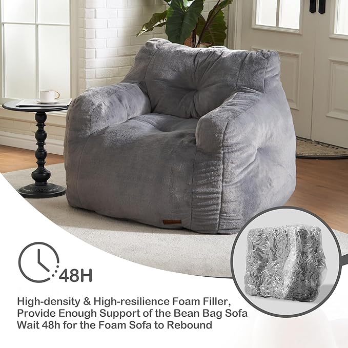 Hobestluk Bean Bag Chair for Adult Small Bean Bag Chairs with Arms Furry Beanbag Chair with Foam Filler Stuffed Bean Bag Sofa for Reading in Bedroom Living Room and Dorms(Grey)