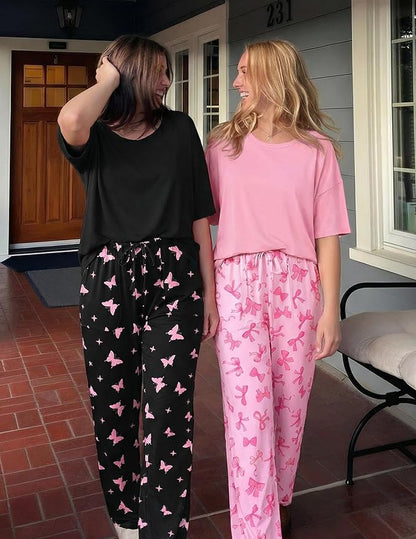 Ekouaer 2 Pack Womens Pajama Sets Short Sleeve Tops and Long Pants Casual Comfy Pjs Lounge Set with Pockets,S-XXL