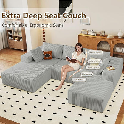 96" U-Shape Cloud Couch, Modern Modular Sectional L-Shape Sofa with Ottoman, Corduroy Upholstered Couches Deep Seat Chaise Longue for Living Room, No Assembly Required(Light Gray, Left Facing)