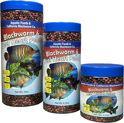 Aquatic Foods Inc. 3mm -1/18" California Blackworm & Beef Heart Floating Pellets for Marines, Cichlids, All Tropical Fish, Koi & Pond Fish, 4-Type Wafer & 12-Type Pellet Mix Included 3.4oz Canister