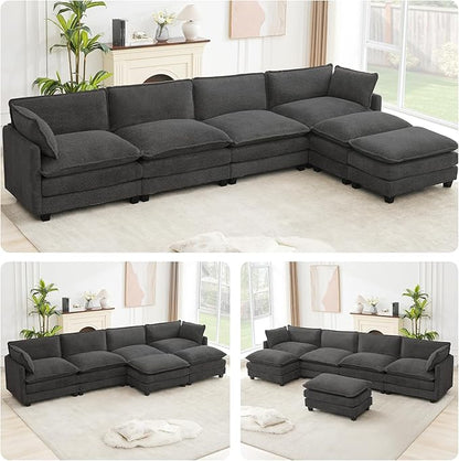 ROWHY Oversized Modular Sectional Couch with 2 Movable Ottoman, 148" Modern Convertible U Shaped Sofa Set, 4 Seat Comfy Cloud Couch with 2 Throw Pillows, for Living Room, Chenille, Charcoal Grey