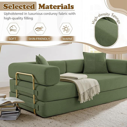 Antetek Convertible Futon Sofa Bed, 3-Seater Modern Corduroy Foam Floor King Size Bed Fold Out Sleeper Lounge Loveseat Sofa Couch with 2 Throw Pillows for Living Room Bedroom Guest Room, Army Green