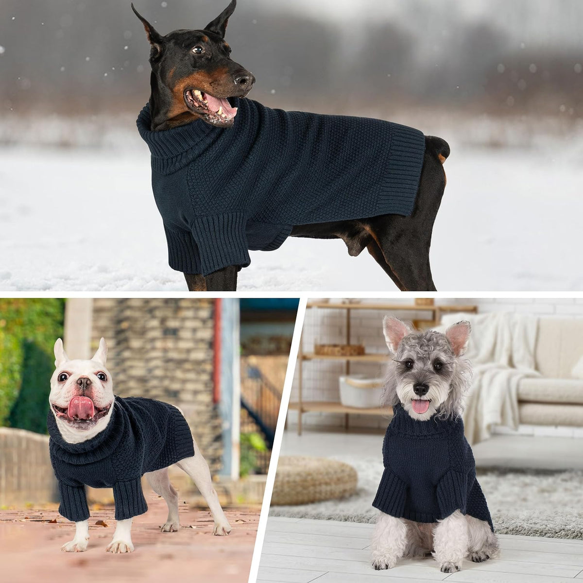 cyeollo Dog Sweaters for Small Dogs Boy, Pullover Turtleneck for Dogs Male, Knitted Doggy Fall Winter Warm Cold Weather Dog Clothes Apparel with Sleeves, Navy L