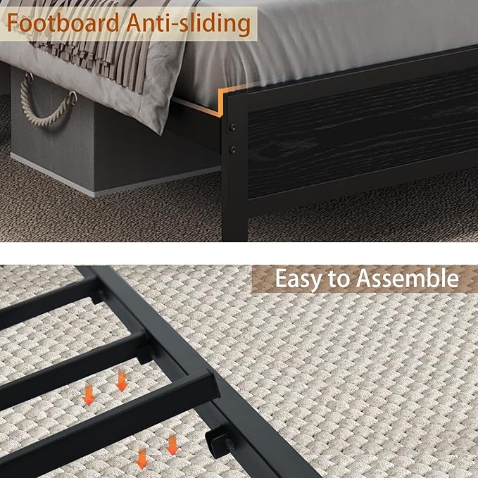 Queen Bed Frame with LED Lights and Charging Station, Metal Platform Bed Frame Queen Size with Upholstered Storage Headboard, Heavy Duty Metal Slats, No Box Spring Needed, Easy Assembly, Dark Grey