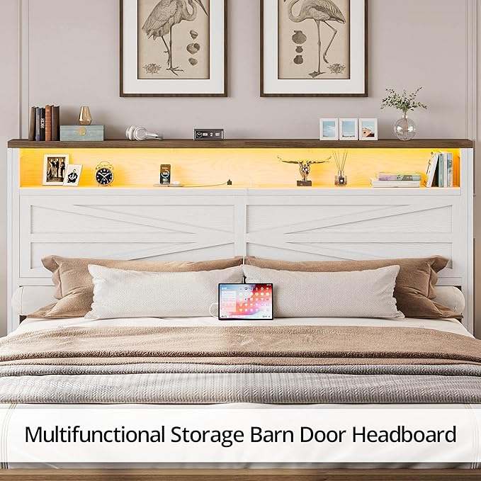 IRONCK Farmhouse King Size Bed Frame with LED Light and Charging Station, Wood Bed Frame with Storage Headboard and 2 Drawers， Barn Door Design, Sturdy and Noiseless, White