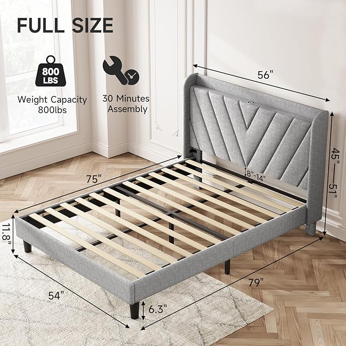 koorlian Full Size Bed Frame, Full Bed with Headboard, Adjustable Upholstered Bed Frame with Type-C&USB Port, Wingback Storage Headboard, Noiseless, No Box Spring Needed, Light Gray