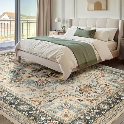 Area Rugs for Living Room 6x9 - Machine Washable Vintage Oriental Soft Rug, Low Pile Thin Floor Carpet with Non Slip Backing for Bedroom, Dorm, Under Dining Room Table, Indoor House, Office Decor