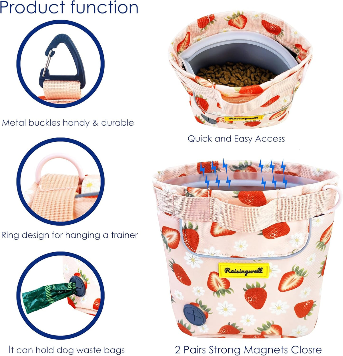 Dog Treat Pouch for Pet Walking and Training with Clicker 2 Cup Silicone Bag Small Fanny Pack Holder for Puppy Snack Dispenser Kit for Leash and Outdoor Use (Strawberry)