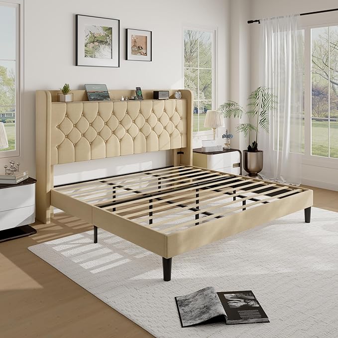 SHA CERLIN King Size Platform Bed Frame with Charging Station, Velvet Wingback Headboard with Storage Shelf, Wooden Slats Support, Ample Under-Bed Space, No Box Spring Needed, Easy Assembly, Beige