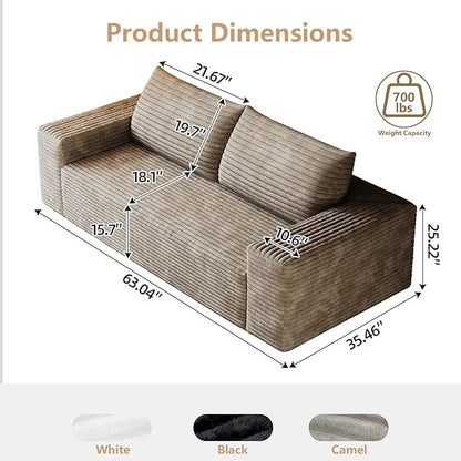 Cloud Loveseat Sofa, Modern Corduroy 2-Seater Couch with Deep Seat, No Assembly Required Memory Foam Sofa, Boneless Sofa in a Box for Bedroom, Apartment, Office,Small Space (Camel,63in)