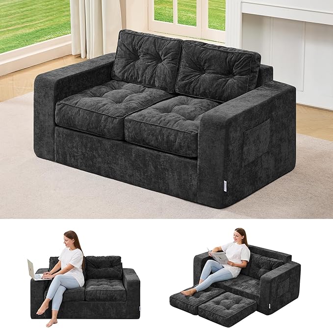 Hobestluk Sofa Couch Loveseat Sofa with Chenille Fabric 2-Seater Sofa for Small Spaces Comfortable Foam Floor Sofa 2 in 1 Boneless Couch for Living Room Bedroom Apartment or Office (Grey, Loveseat)