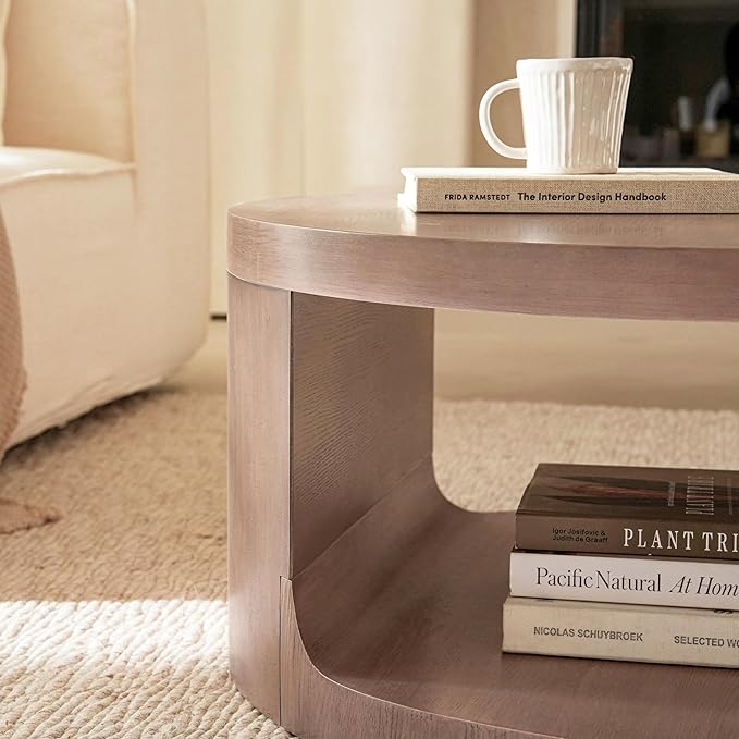 Round Coffee Table with Storage, 31.5" Modern Living Room Table, 2 Tier Circle Wood Center Tables for Apartment, Living Room, Open-Style Storage Gray Coffee Tables, 31.5"*15.7" (Gray)