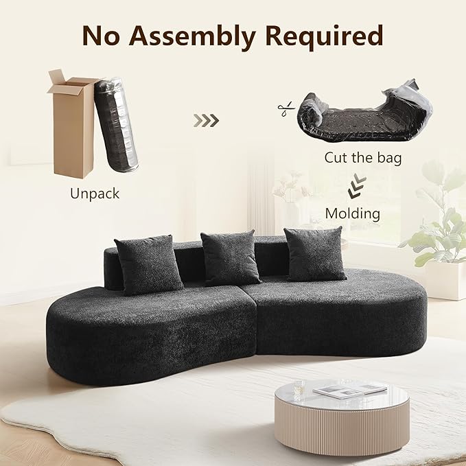 109'' Curved Couch, Mid Century Modern Half Moon Sofa, Luxury 3-Seat Couch with High-Density Foam Filled, Raindrop Velvet Fabric Sectional Sofa for Living Room, Apartment, Office, Black
