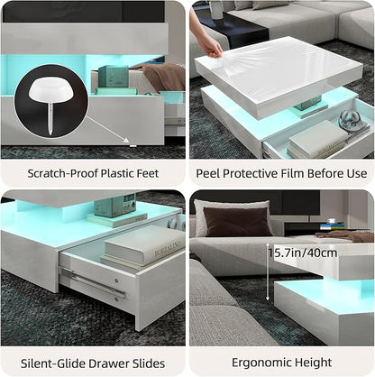LED Coffee Table for Living Room, 2-Tier Modern Square Center Table with Music Sync Lights, High Gloss Surface, 30 3/4" x 30 3/4" (White)