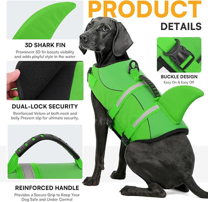 Dog Life Jacket High Flotation, Reflective Dog Life Vest for Swimming, Adjustable Dogs Life Preserver Rescue Handle Spring Summer Pool for Small, Medium, Large Dogs (BrightGreen,M)