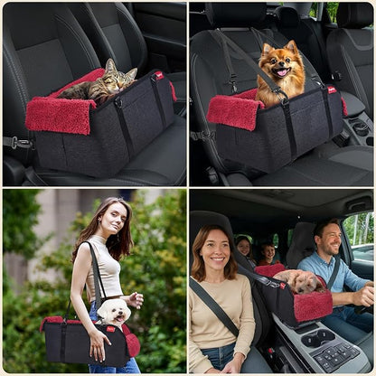 Center Console Dog Car Seat for Small Pets to 11lbs, Red | Anti-collapse armrest Console seat with washable fluffy cushion, pillow & tether for stable, cozy pet travel trips.
