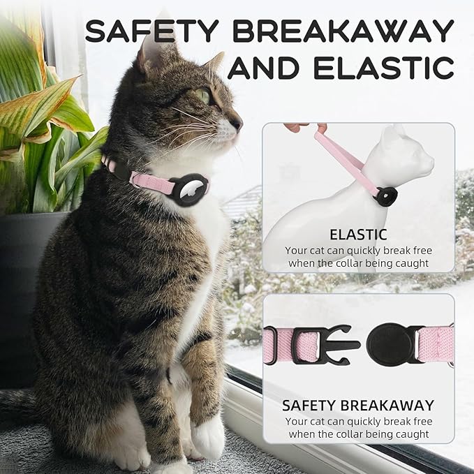 AirTag Cat Collars, Stretchy Collar with Apple AirTag Holder and Bell, Breakaway Ultra Design Elastic GPS Tracking Collars for Cats and Puppies, (7.5-12.5 Inch), Pink