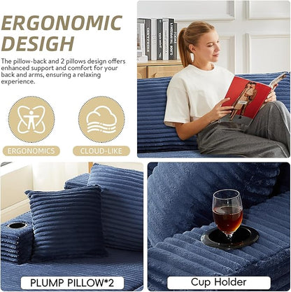 134 Inch Cloud Sectional Couch for Living Room,Corduroy Boneless Couches with Cup Holder,Modern Modular Sectional Sofa with Deep Seat,No Assembly Required (Blue, U-Shaped Sofa)