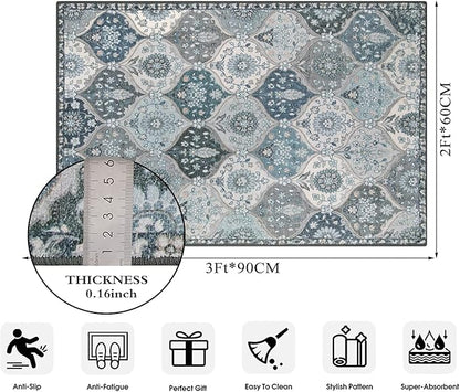 Lahome Moroccan Trellis Front Door Mat Indoor Entrance, 2x3 Rugs for Entryway Non-Slip Washable Indoor Door Mat, Oriental Accent Small Rug for Kitchen Bedroom Bathroom, Blue