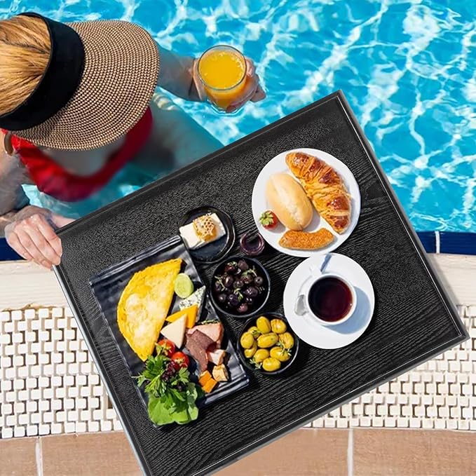 24 x 20 Inches Extra Large Solid Wood Serving Tray for Tea Coffee Table Snack Food Meals Serving Plate Kitchen Party Bar Breakfast Server with Raised Edges Black Wooden Decorative Ottoman Tray