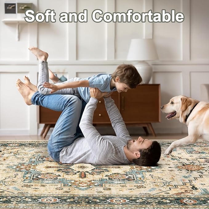 Area Rugs for Living Room 6x9 - Machine Washable Vintage Oriental Soft Rug, Low Pile Thin Floor Carpet with Non Slip Backing for Bedroom, Dorm, Under Dining Room Table, Indoor House, Office Decor