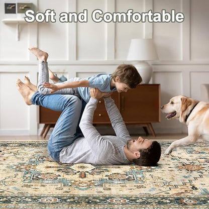 Area Rugs for Living Room 6x9 - Machine Washable Vintage Oriental Soft Rug, Low Pile Thin Floor Carpet with Non Slip Backing for Bedroom, Dorm, Under Dining Room Table, Indoor House, Office Decor