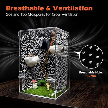 AZV Large Jumping Spider Enclosure Clouds Kit,Escape Proof Praying Mantis Habitat,Magnetic Front Door Tarantula Cribs Ventilation Spider Cage,Transparent Acrylic Reptile Tank,Bug Terrarium,Snail House