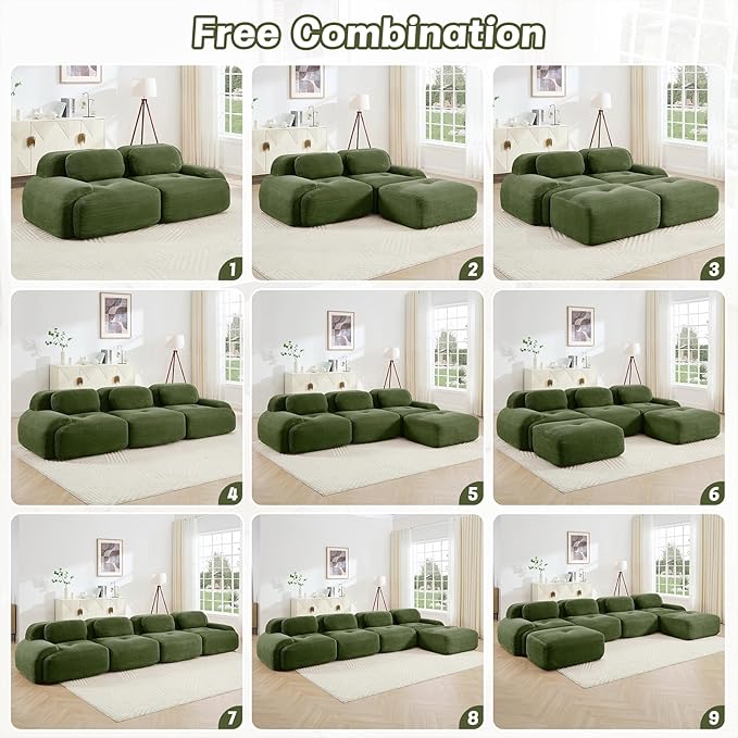 152" Modern Corduroy Cloud Sofa, Boneless Modular Large Sectional Couches for Living Room, Green 4 Seater Compressed Memory Foam Couch, Extra Deep Seat, No Assembly