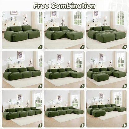 80" Modern Compressed Boneless Love Seat Couches with 2 Ottomans, 2 Seater Large Sectional Couches for Living Room, Green Corduroy Cloud Modular Sectional Sofa, Memory Foam, Deep Loveseat, No Assembly