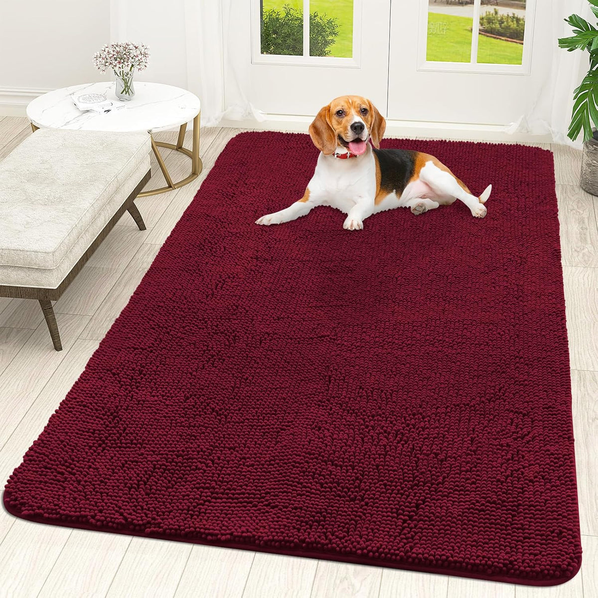 OLANLY Dog Door Mat for Muddy Paws 59x35, Absorbs Moisture and Dirt, Absorbent Non-Slip Washable Doormat, Quick Dry Chenille Mud Mat for Dogs, Entry Indoor Entryway Carpet for Inside Floor, Burgundy