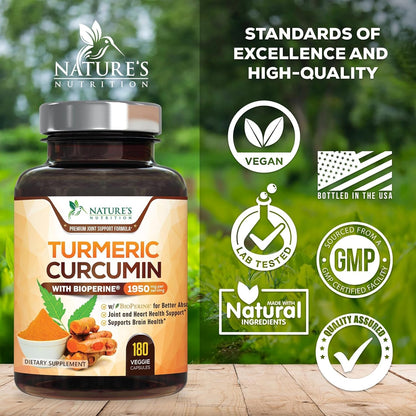Turmeric Curcumin Supplement 1950mg - 95% Curcuminoids with Organic Turmeric & BioPerine Black Pepper Extract for Best Absorption, Nature's Vegan Joint Support, Non-GMO, Bottled in USA - 180 Capsules