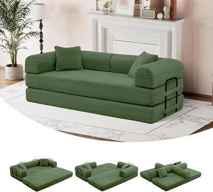 ZQRhome 79" 5-in-1 Convertible Sofa Bed, Premium Sleeper with Reinforced Frame & Plush Corduroy, No Assembly Modular Couch for Lounge, Guest Room & Small Space, Olive Green