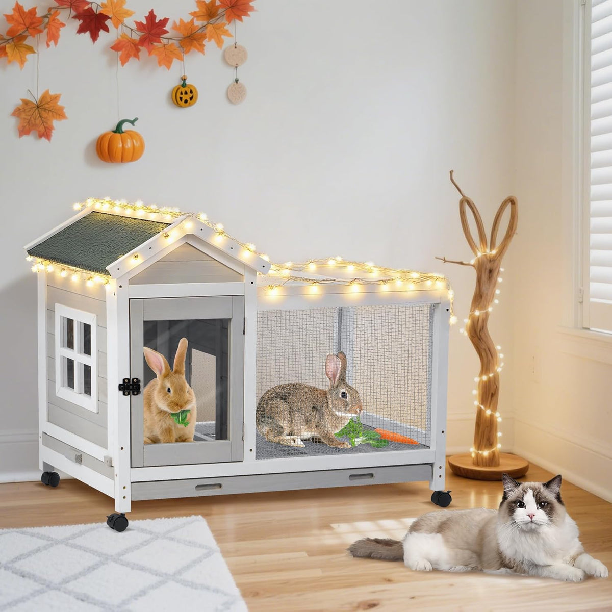 Wooden Rabbit Hutch with Waterproof Roof,Outdoor/Indoor Bunny Cage with Removable Slide-Out Bottom Tray, Chewproof Rabbit cage for Small-Medium Animals (Guinea Pigs, Hedgehogs)