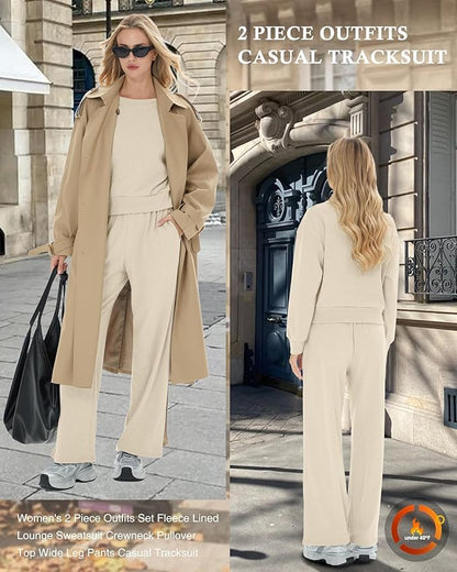 Sweetyweee Women's 2 Piece Outfits Set Fleece Lined Lounge Sweatsuit Crewneck Pullover Top Wide Leg Pants Casual Tracksuit