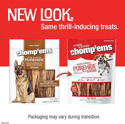CHOMP 'EMS Purehide Chews - Slow Roasted Naturally Delicious Rawhide Dog Treats - High Protein Beef Hide - Bacon Flavor, Sticks, 8.5 Oz.
