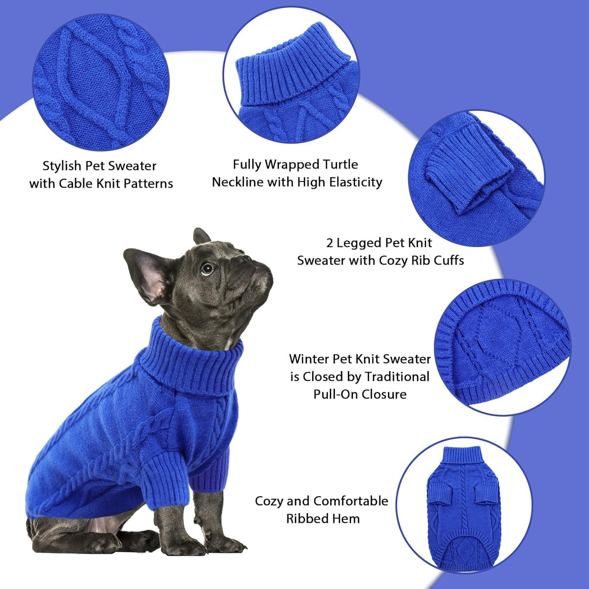 Queenmore Small Dog Pullover Sweater, Cold Weather Cable Knitwear, Classic Turtleneck Thick Warm Clothes for Chihuahua, Bulldog, Dachshund, Pug (Royal Blue, X-Small