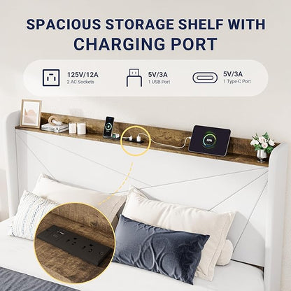Allewie King Size Velvet Bed Frame with 3 Storage Drawers, Upholstered Platform Bed with Wingback Storage Headboard and USB Ports, No Box Spring Needed, Easy Assembly, White